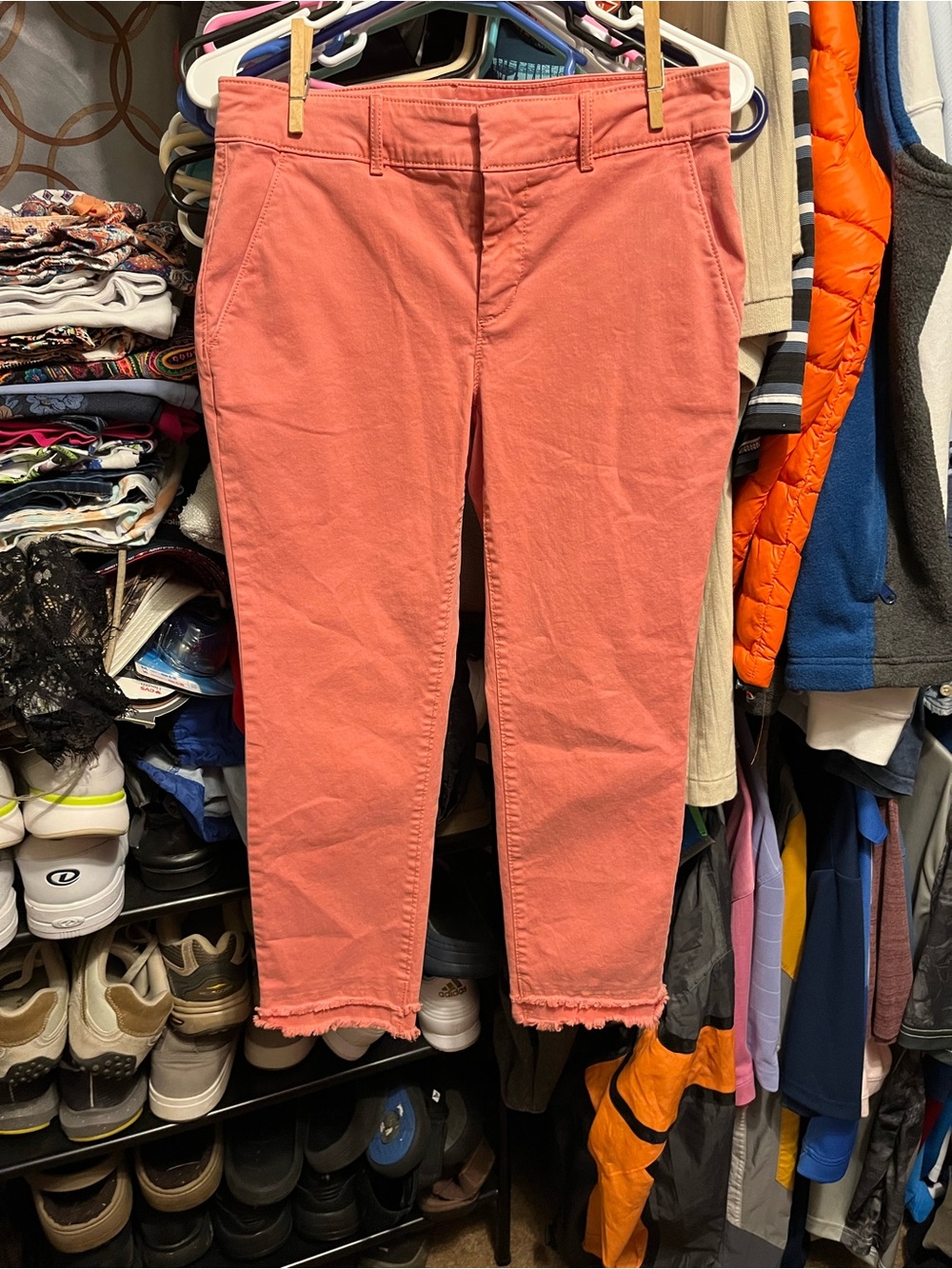 LOFT Coral-Peach Cropped Fringe-Hem Pants